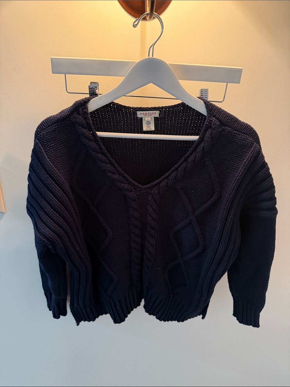 Cable-Knit V-Neck Sweater in Navy